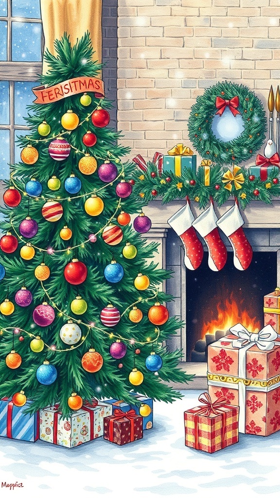 Christmas Drawing Art Ideas A colorful Christmas tree with ornaments and lights, a fireplace with stockings, and snowflakes outside a window.